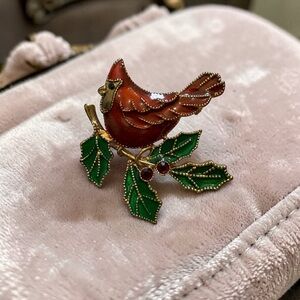 Vintage Red Cardinal Bird Retro Holiday Gold Tone Brooch Pin